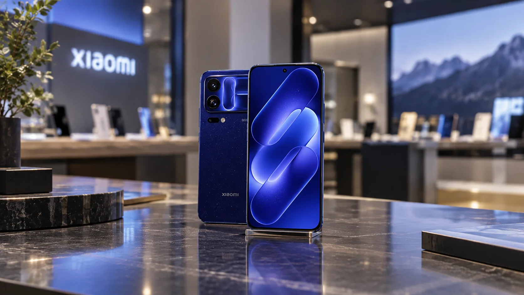 Xiaomi 18 Pro с задним экраном в редакционной сцене магазина