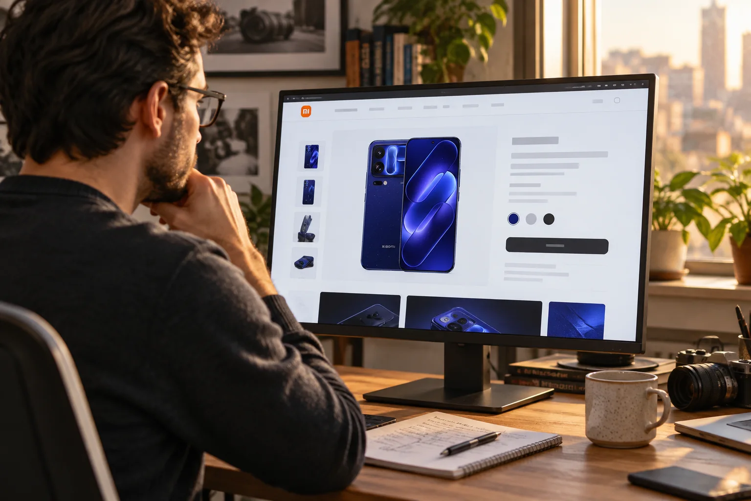 Редактор изучает страницу смартфона Xiaomi на настольном компьютере