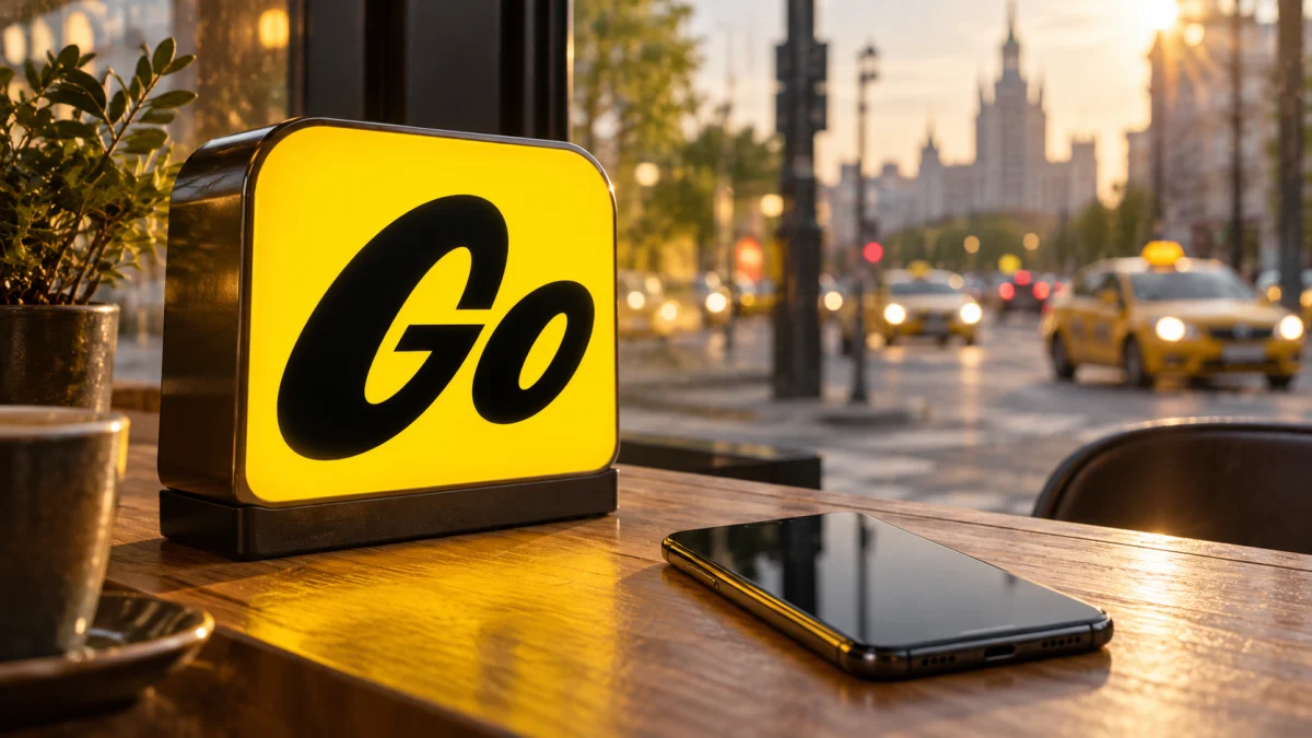 Android-смартфон рядом с подсвеченным официальным знаком Яндекс Go