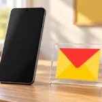 Android-смартфон с выключенным экраном рядом с официальным знаком Яндекс Почты