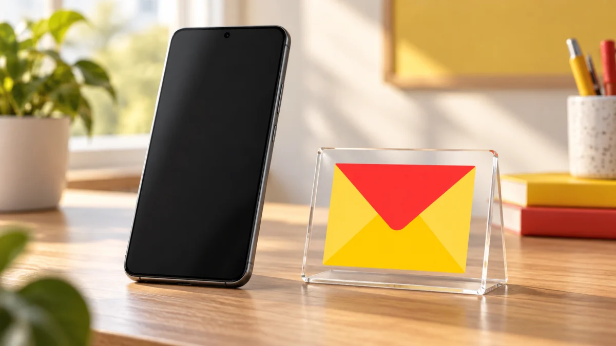 Android-смартфон с выключенным экраном рядом с официальным знаком Яндекс Почты