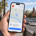 Пользователь проверяет геолокацию Яндекс Карт на iPhone в городе