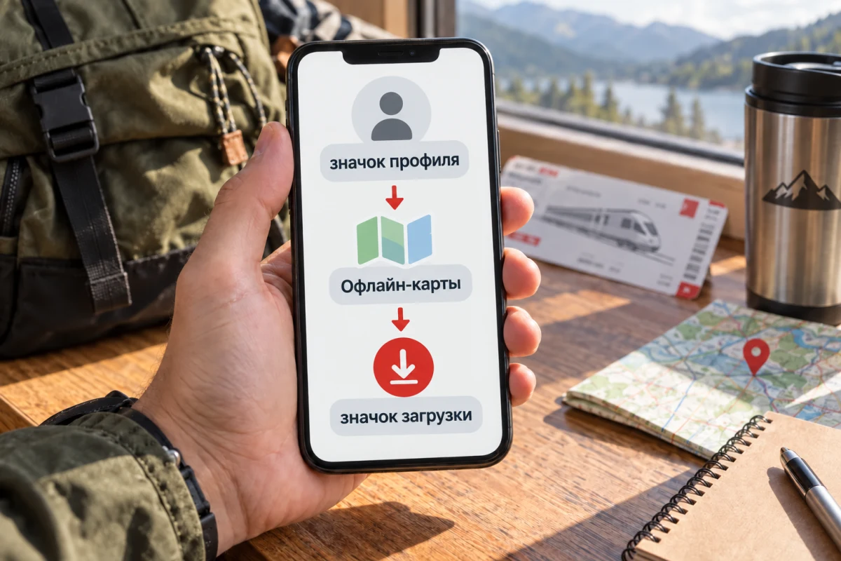 Схема загрузки офлайн-карты через профиль Яндекс Карт