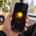 Пользователь проверяет загрузку Яндекс Музыки на iPhone рядом с наушниками