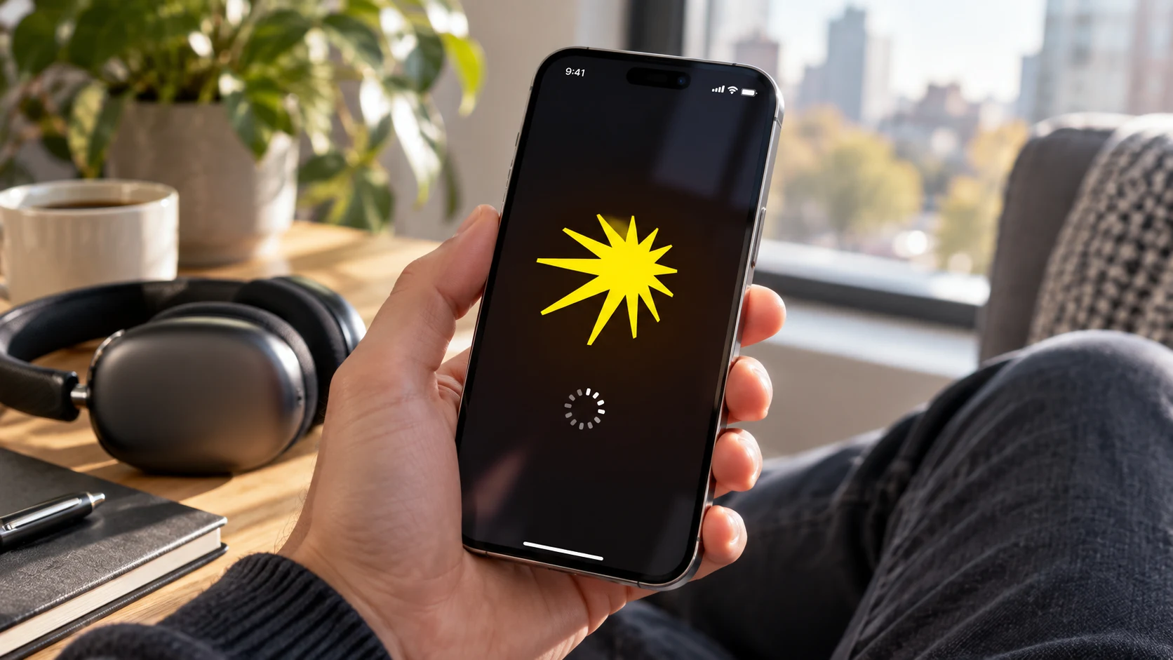 Пользователь проверяет загрузку Яндекс Музыки на iPhone рядом с наушниками
