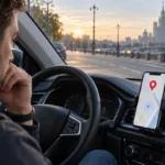 Водитель в припаркованном автомобиле проверяет определение местоположения в Яндекс Навигаторе