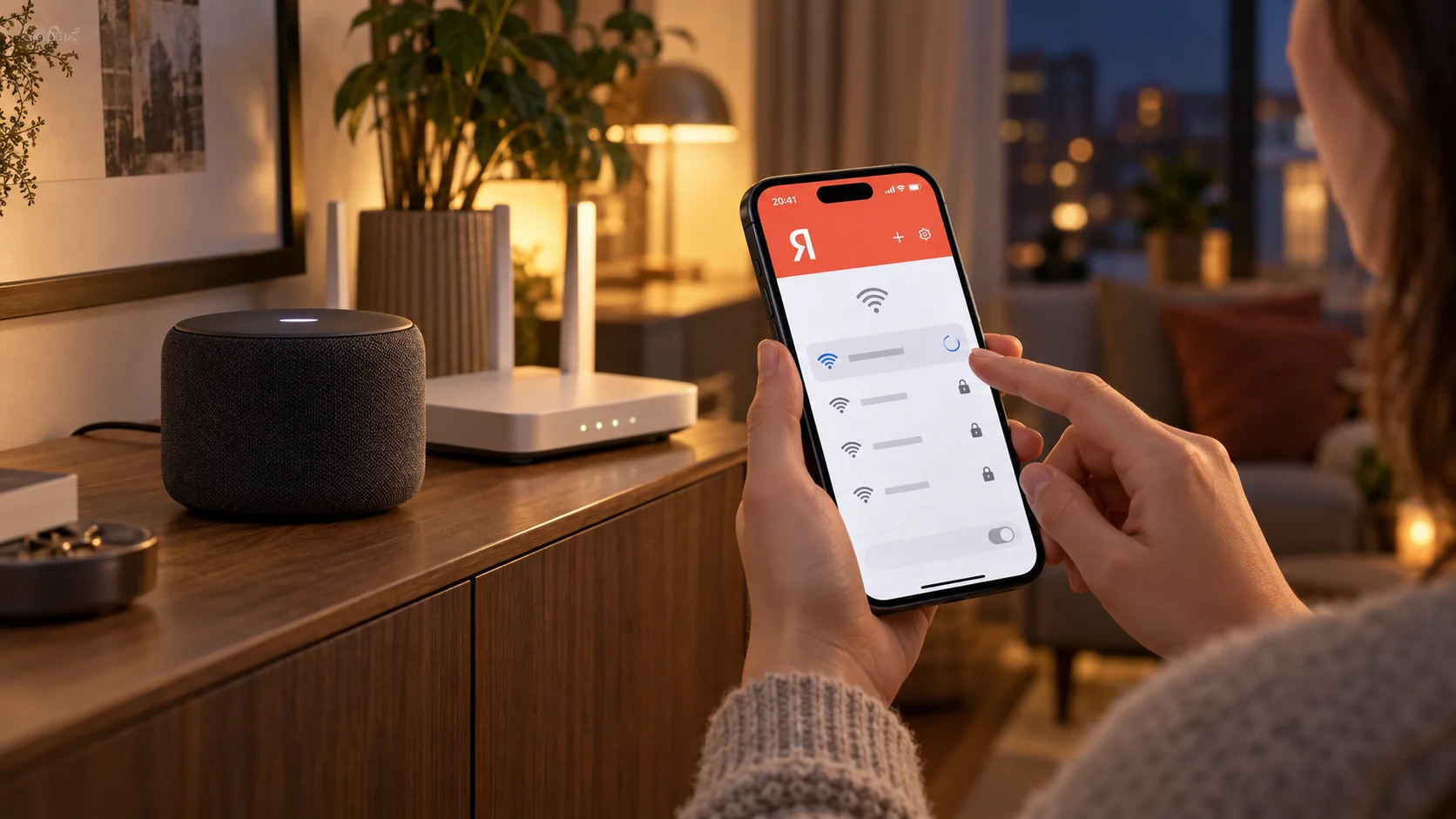 Пользователь подключает умную колонку Яндекс к домашней сети Wi-Fi
