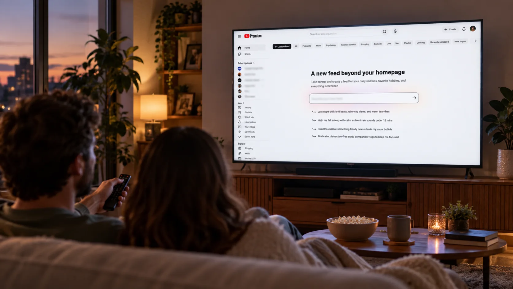 Зрители смотрят YouTube на телевизоре в гостиной с тематическими подборками на экране