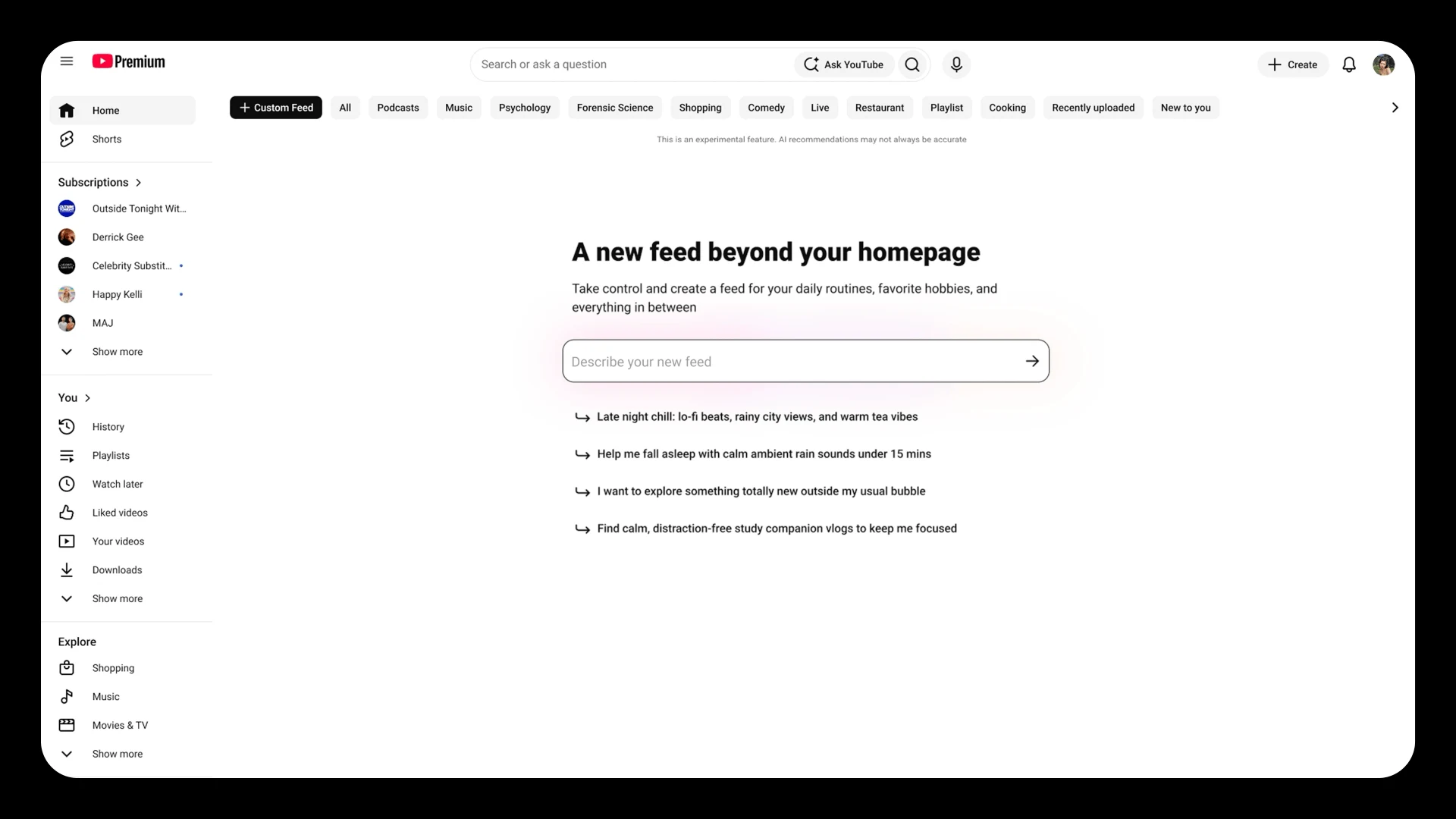 Официальный демонстрационный экран YouTube Custom Feeds с полем создания ленты