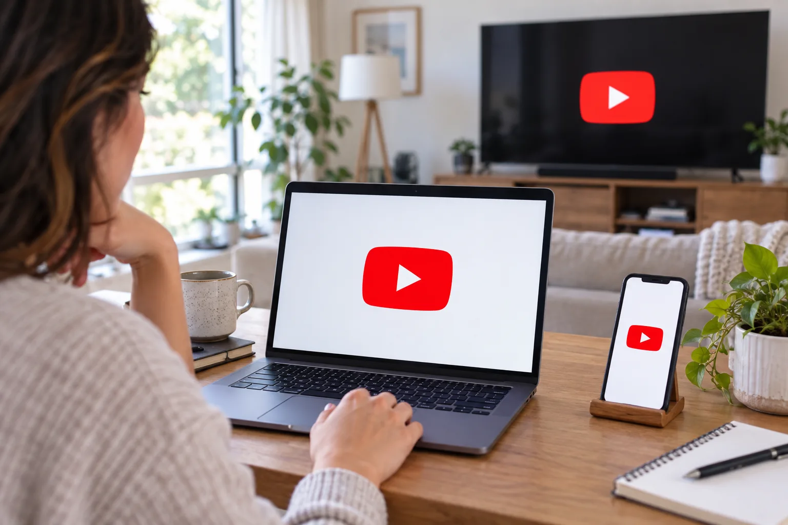 Ноутбук, смартфон и телевизор в домашнем интерьере с символом YouTube