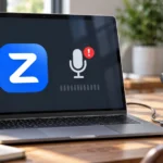 USB-микрофон рядом с ноутбуком и приложением Zoom