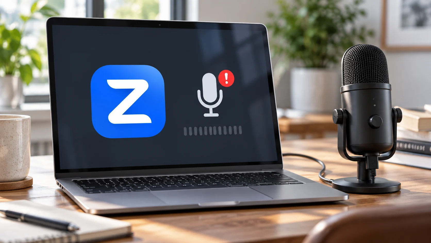 USB-микрофон рядом с ноутбуком и приложением Zoom