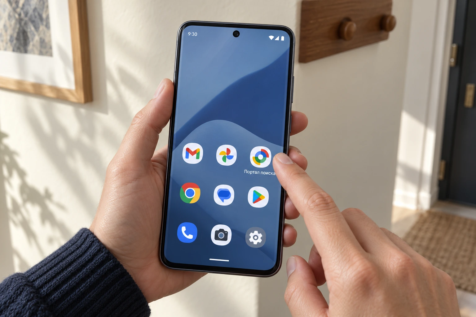 Рука открывает приложение Портал поиска на другом телефоне Android