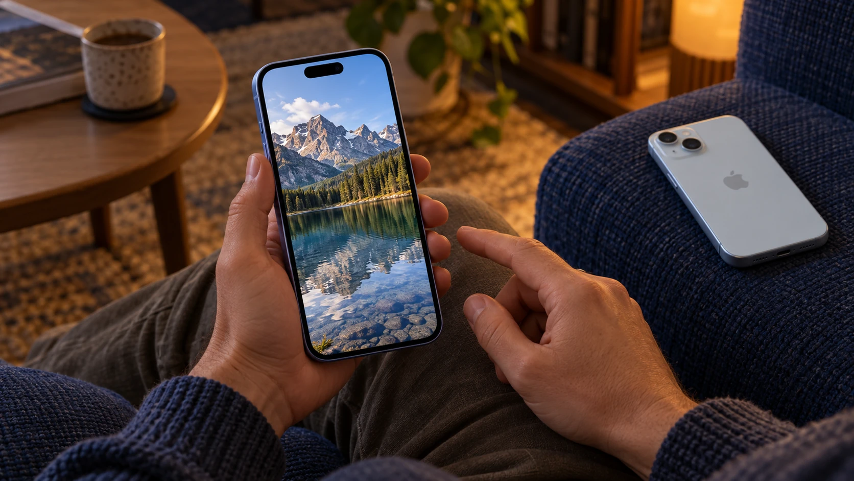 На новом iPhone открыта фотография озера, старый телефон сохранён рядом