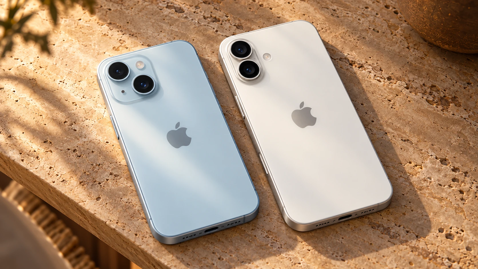 Два iPhone со светлыми спинками и логотипами Apple лежат рядом перед переносом данных