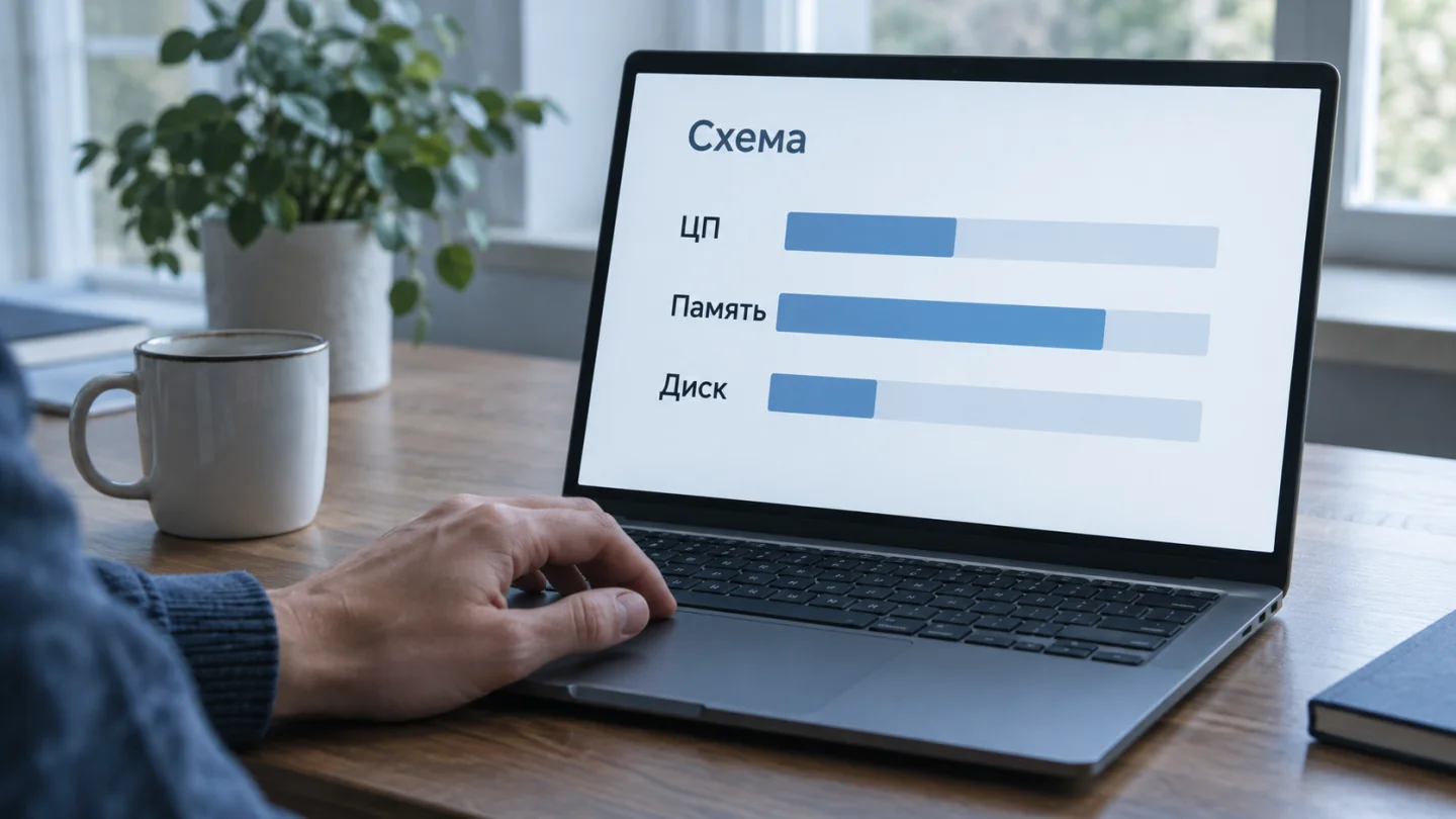 На экране ноутбука показана схема нагрузки ЦП, памяти и диска