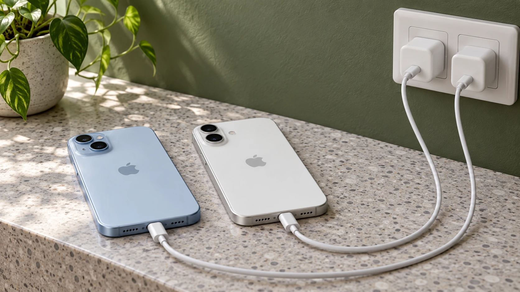 Два iPhone рядом подключены отдельными кабелями к двум источникам питания