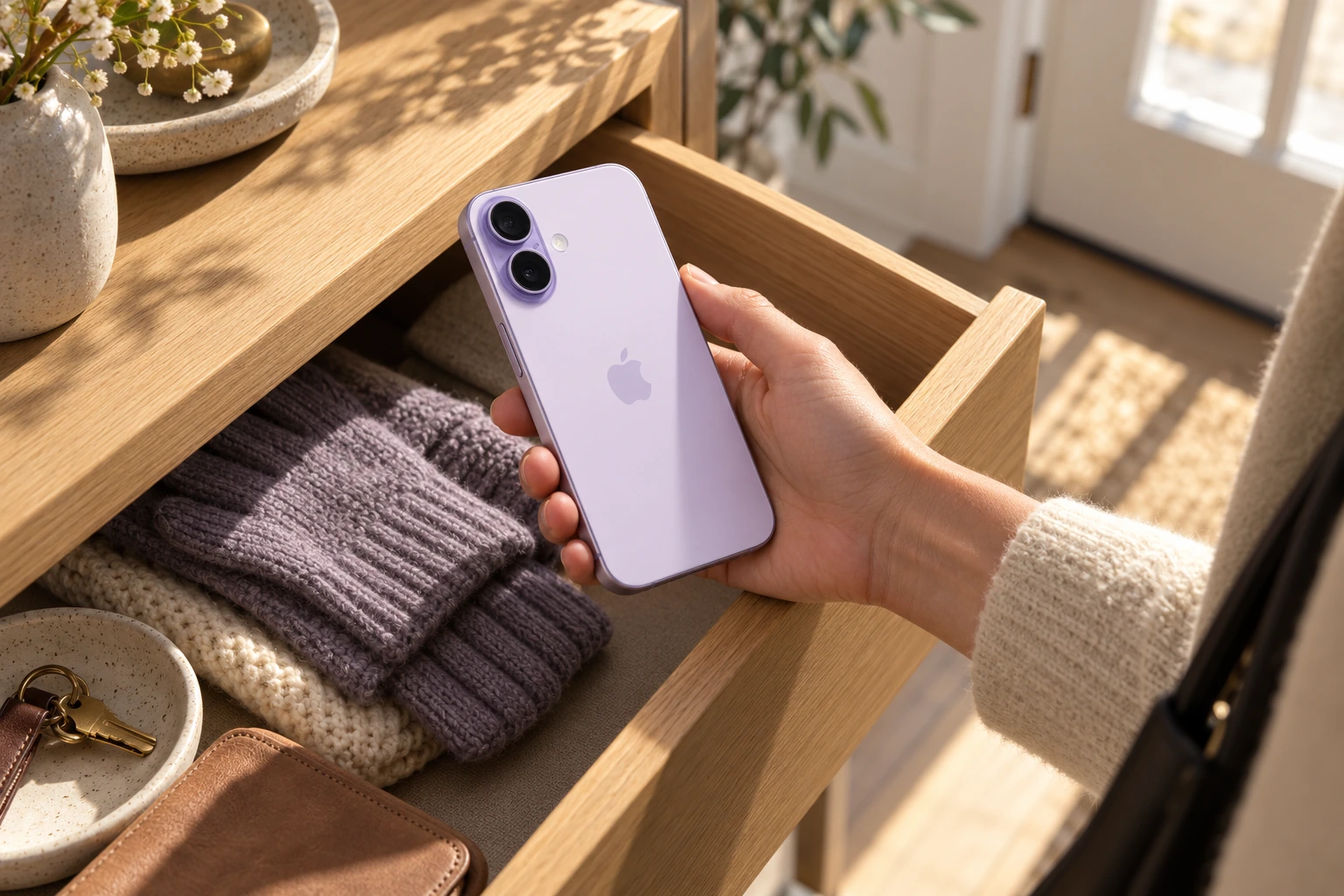 Рука находит iPhone в открытом ящике у входа
