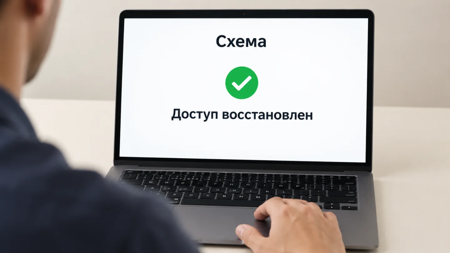 На экране ноутбука показана схема восстановленного доступа