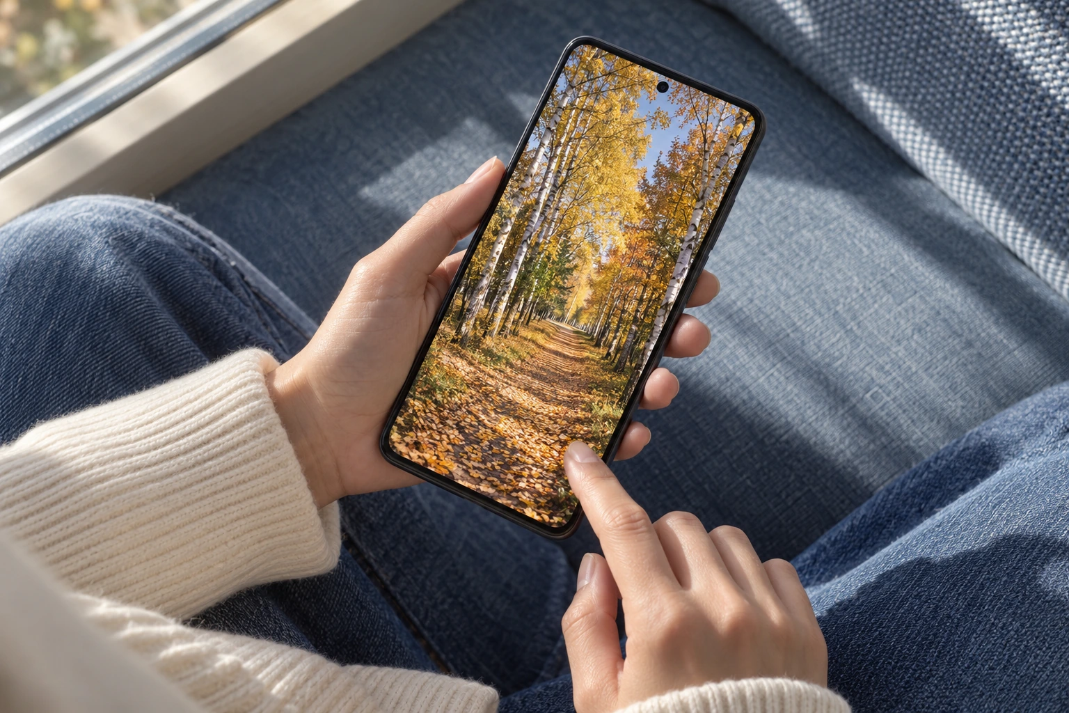 Палец касается открытой фотографии на экране Android