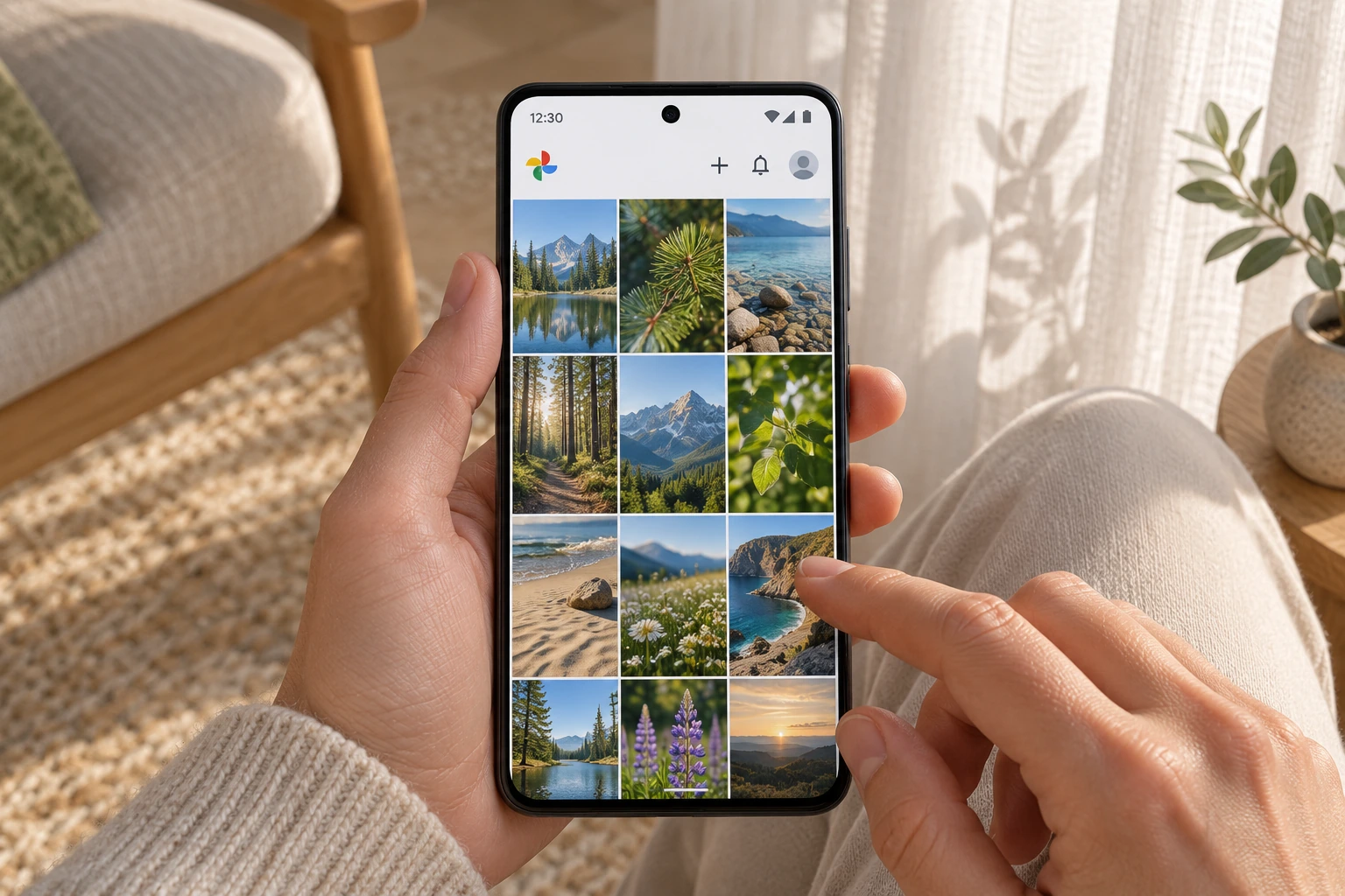 Рука просматривает фотографии природы в Google Фото на Android