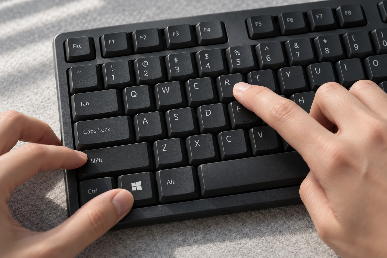 Руки нажимают Windows, Shift и R для запуска записи экрана