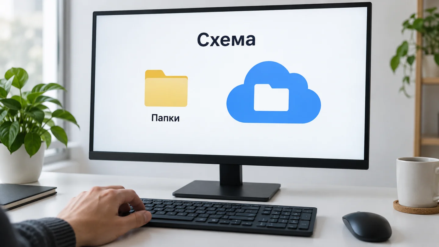 Схема папок и облачного хранилища на мониторе