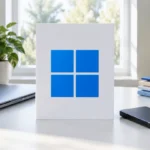 Знак Windows рядом с ноутбуком и носителем для переноса файлов