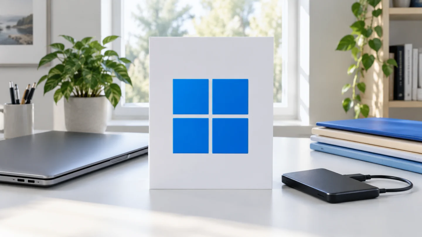 Знак Windows рядом с ноутбуком и носителем для переноса файлов