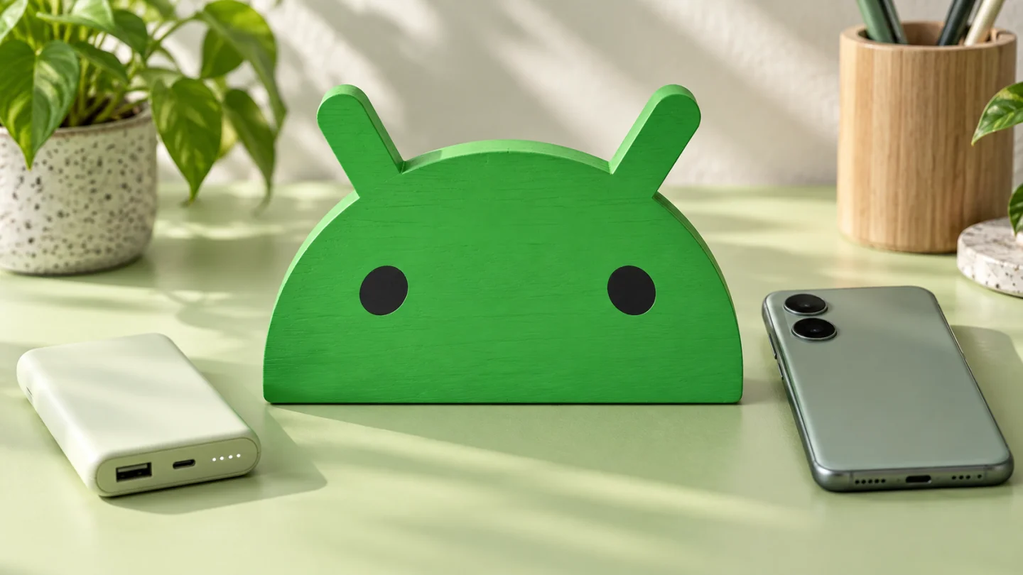 Оригинальный знак Android рядом с телефоном и внешним аккумулятором