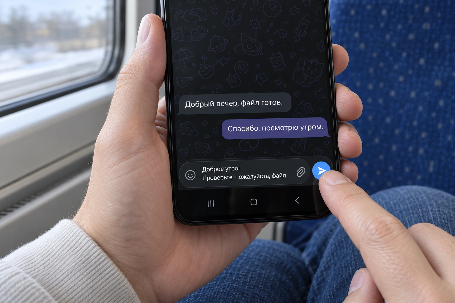 Палец удерживает кнопку отправки подготовленного сообщения в Telegram