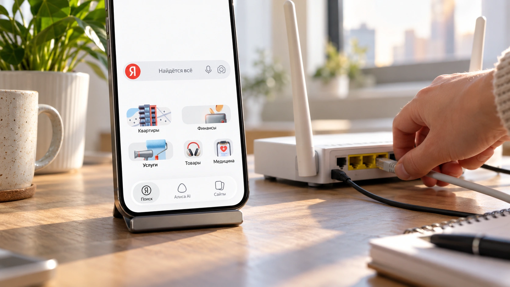 Проверка домашнего подключения рядом с iPhone и открытым Яндексом