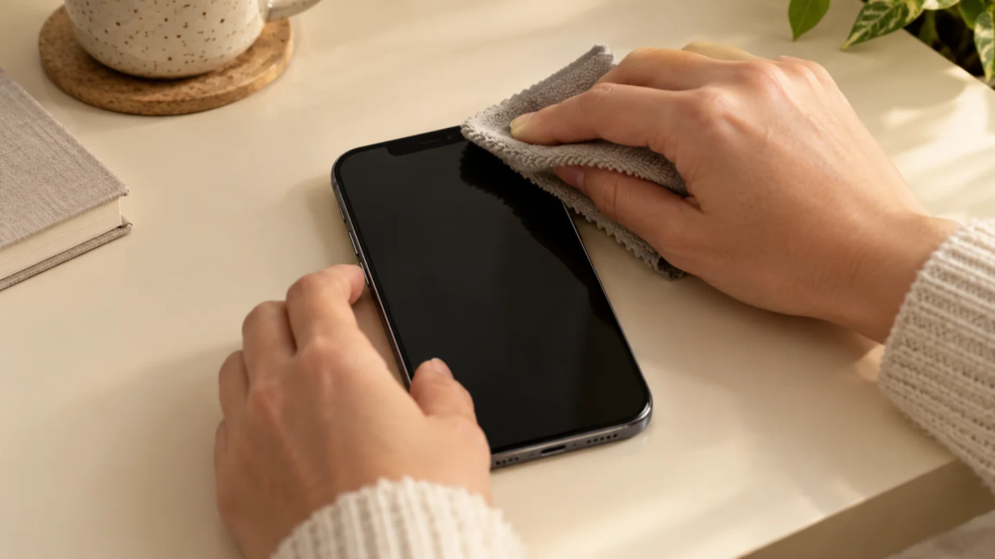 Пользователь очищает верхнюю часть стекла iPhone