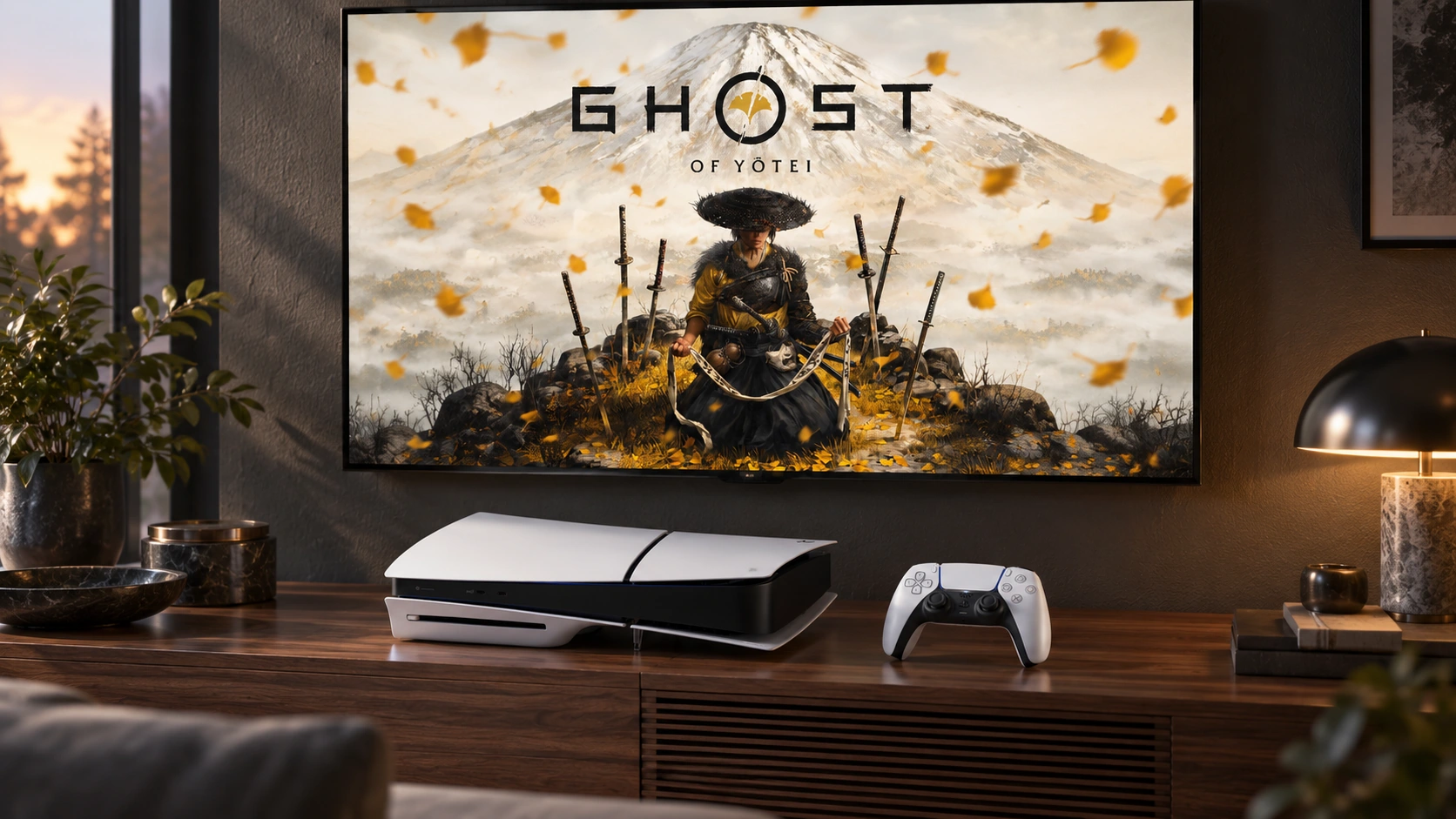 PS5 Slim и DualSense перед телевизором с официальным промо-артом Ghost of Yōtei