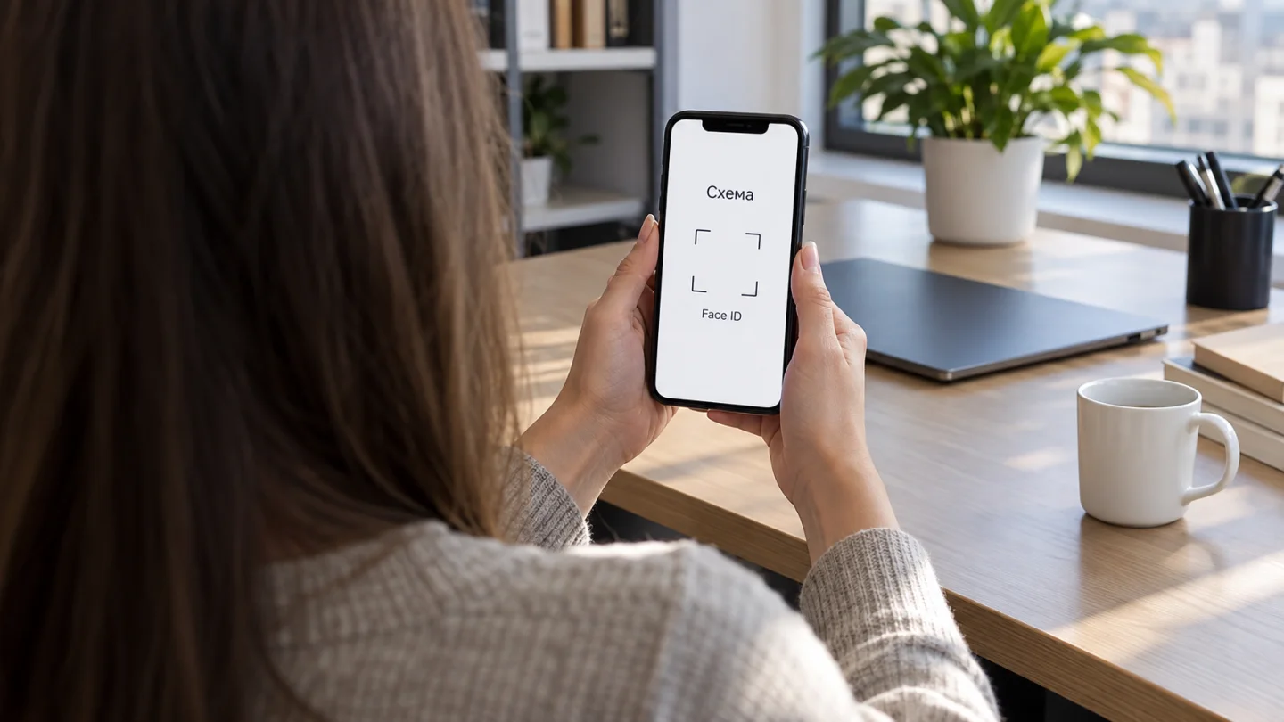 Пользователь держит iPhone вертикально перед собой