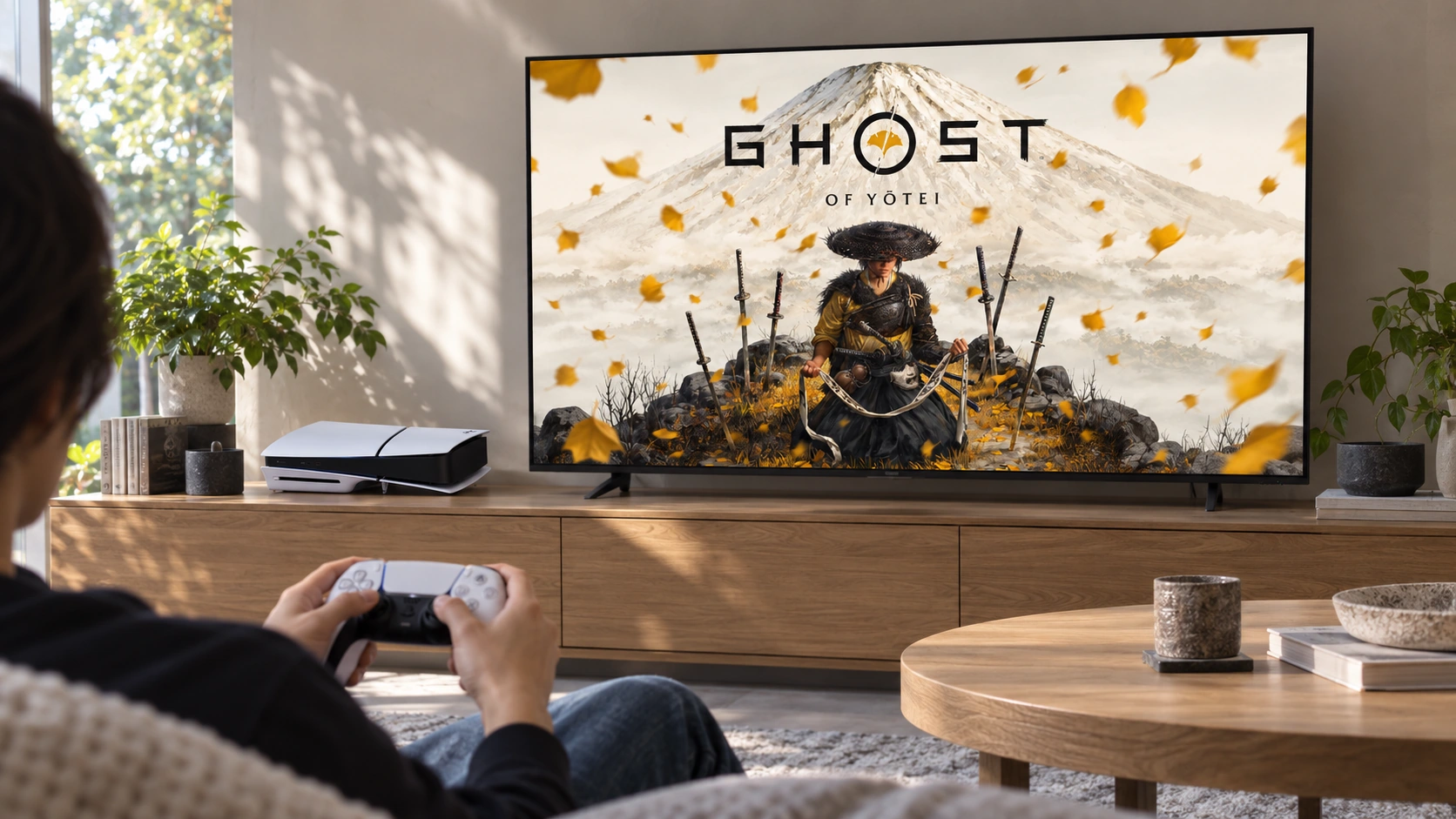 Игрок перед экраном с промо-артом Ghost of Yōtei
