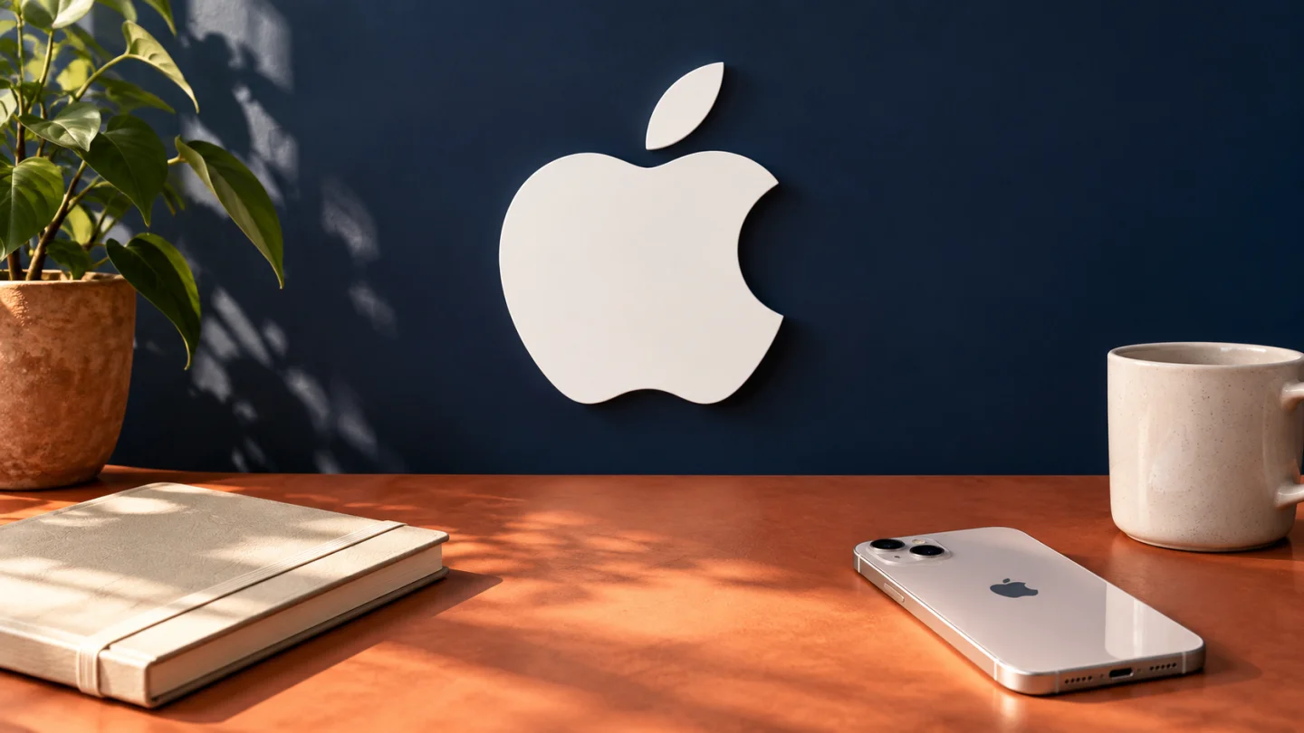 Логотип Apple рядом с iPhone и блокнотом