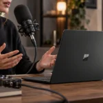 Микрофон и ноутбук Microsoft Surface в редакционной студии записи