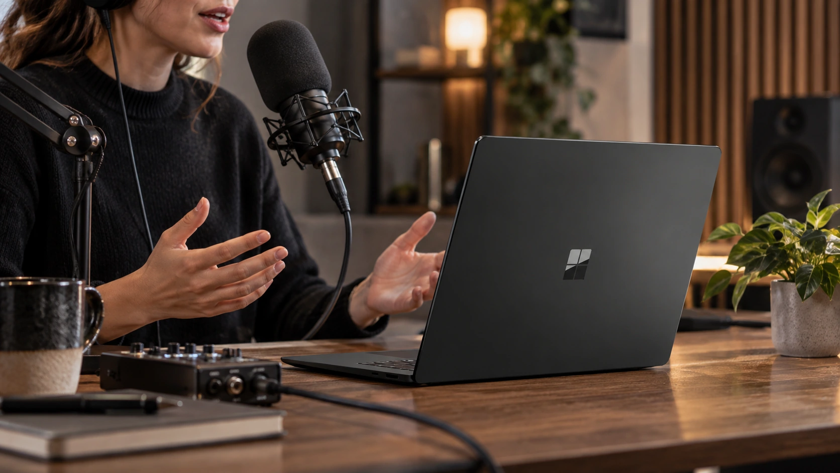 Микрофон и ноутбук Microsoft Surface в редакционной студии записи