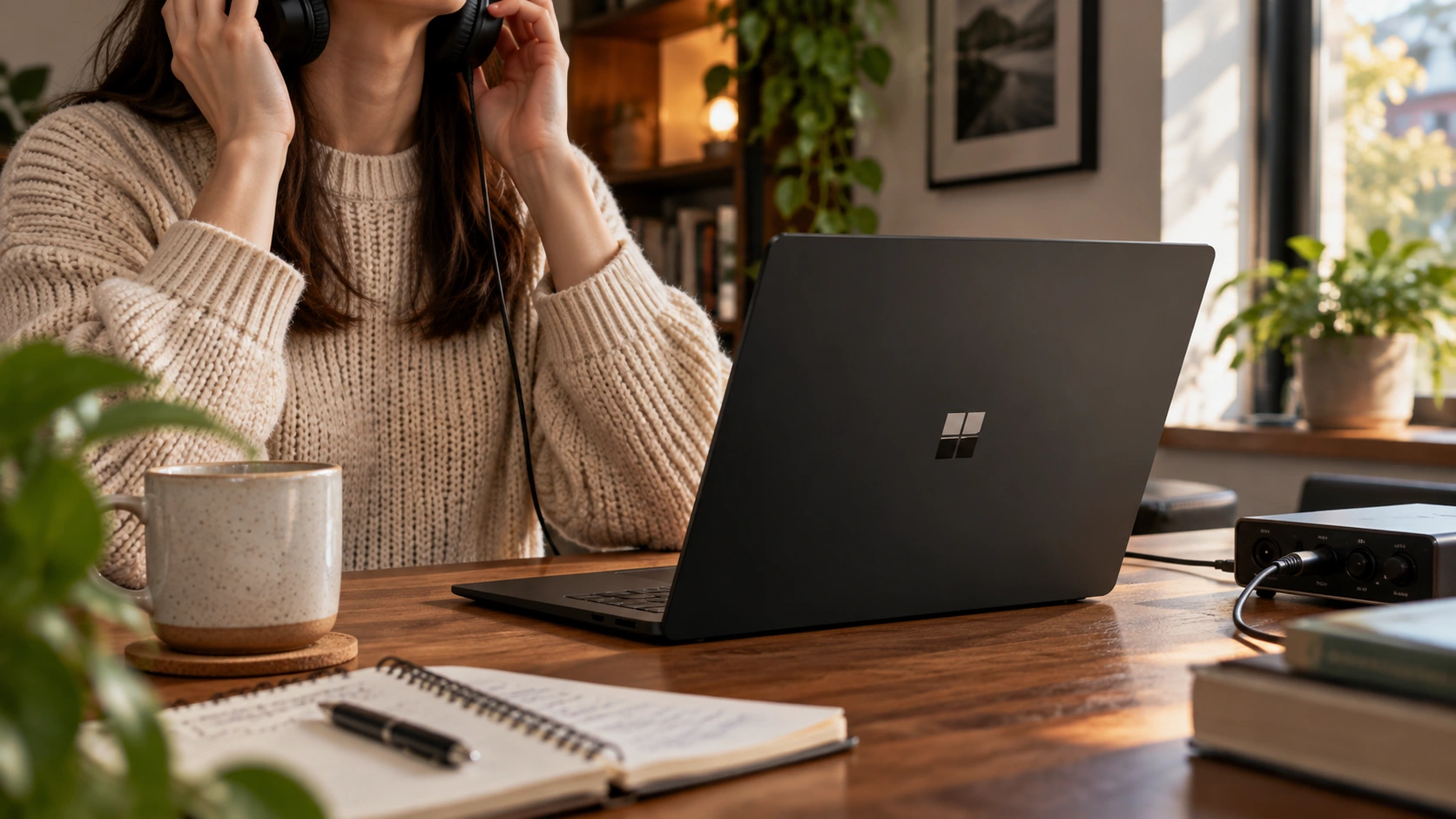 Прослушивание речи в наушниках за ноутбуком Microsoft Surface