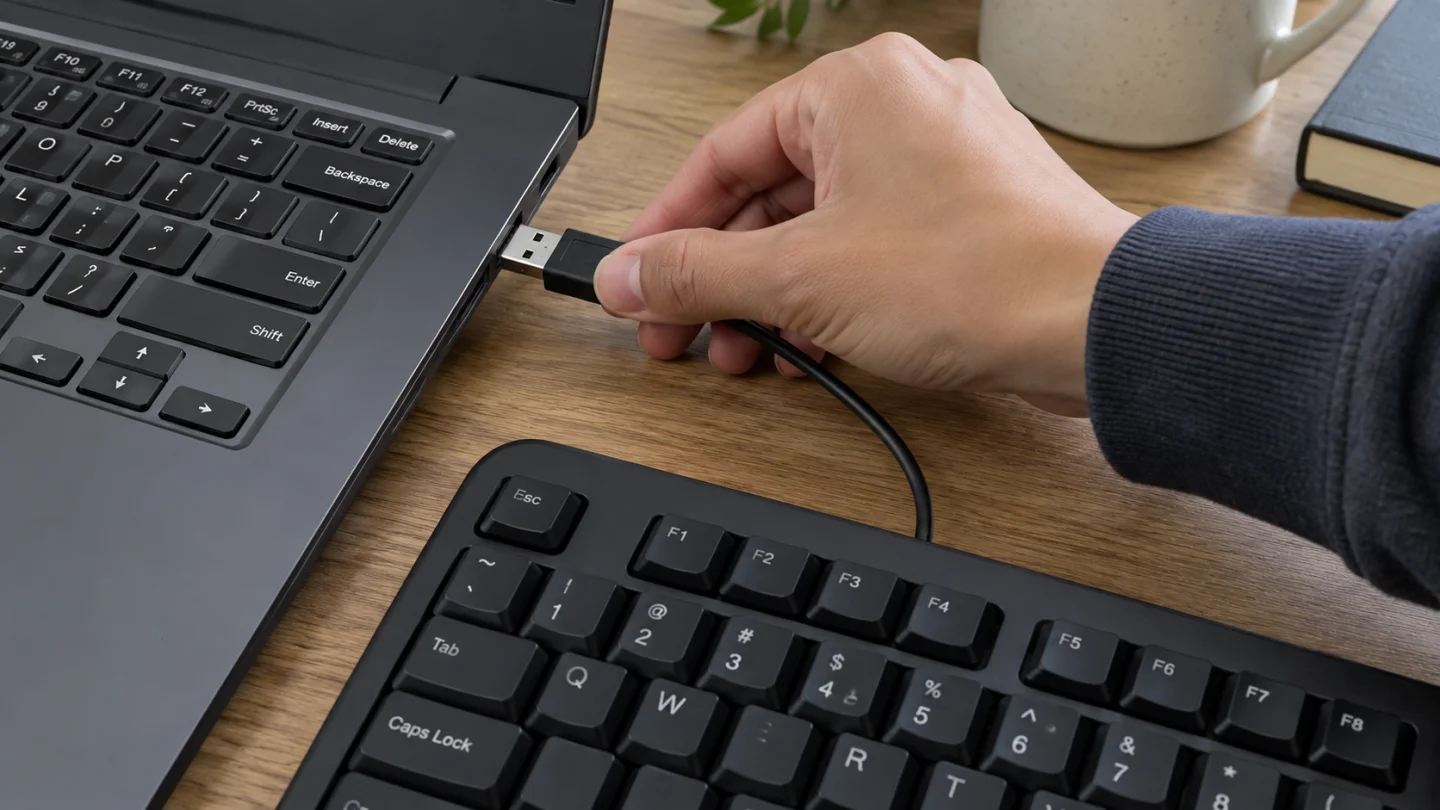 Пользователь подключает внешнюю USB-клавиатуру к ноутбуку