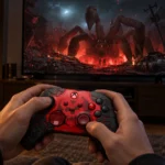 Контроллер Xbox в оформлении Gears of War: E-Day в руках перед телевизором