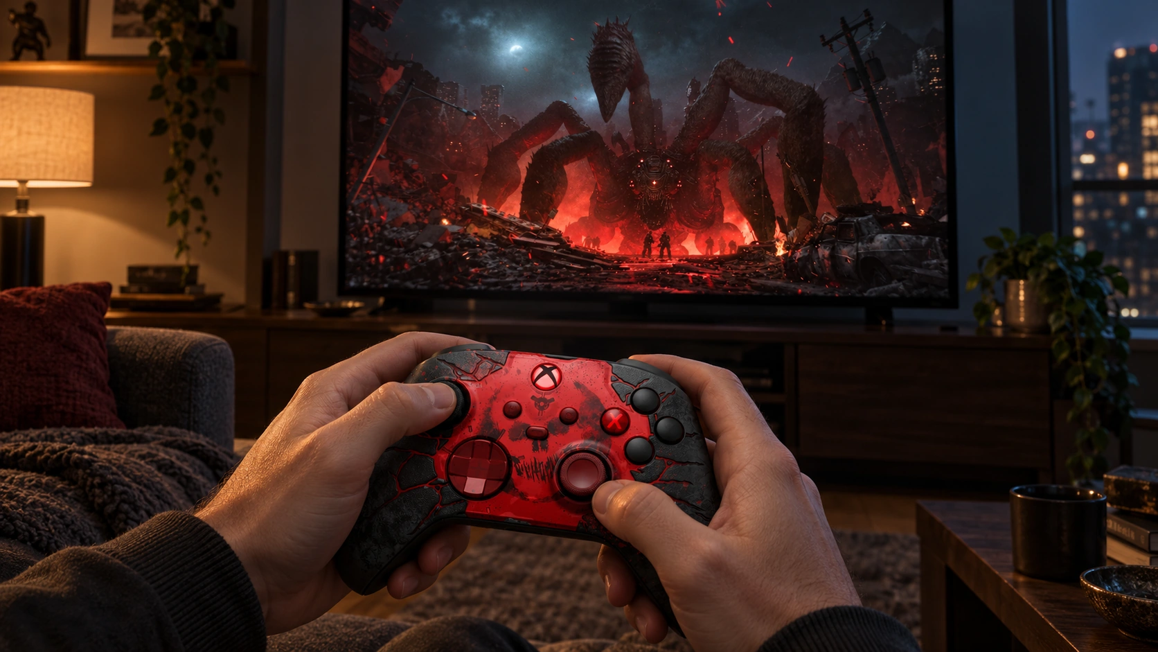 Контроллер Xbox в оформлении Gears of War: E-Day в руках перед телевизором