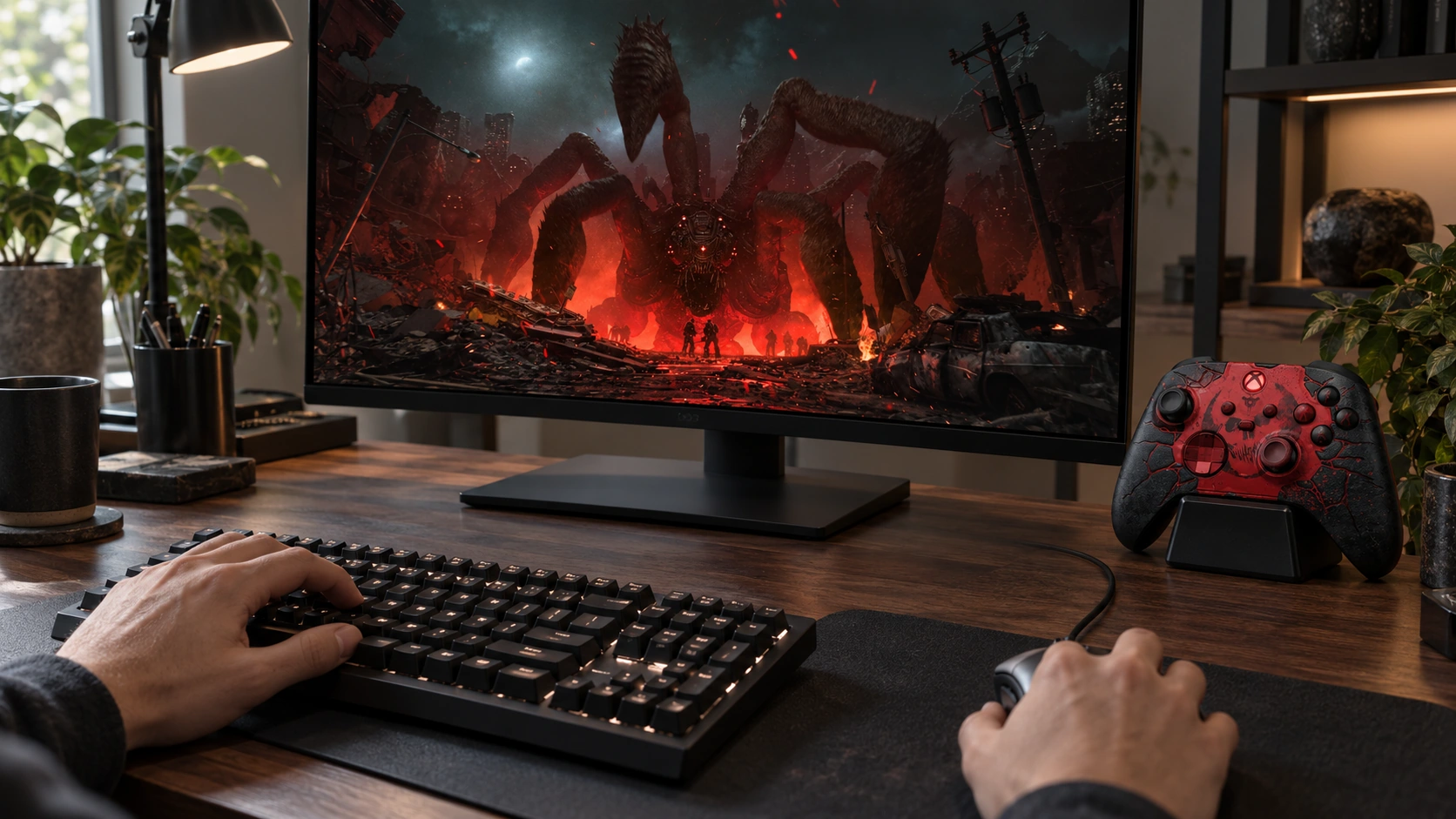 Игрок за клавиатурой и мышью рядом с контроллером Gears