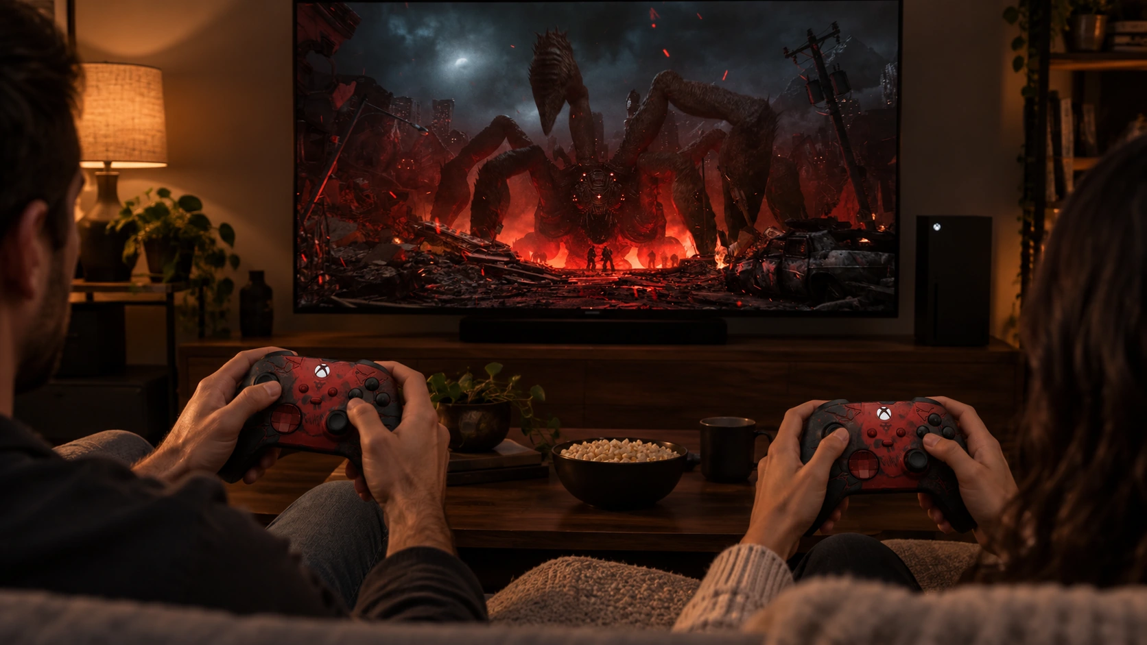 Два игрока с контроллерами Xbox перед телевизором с промо-артом Gears