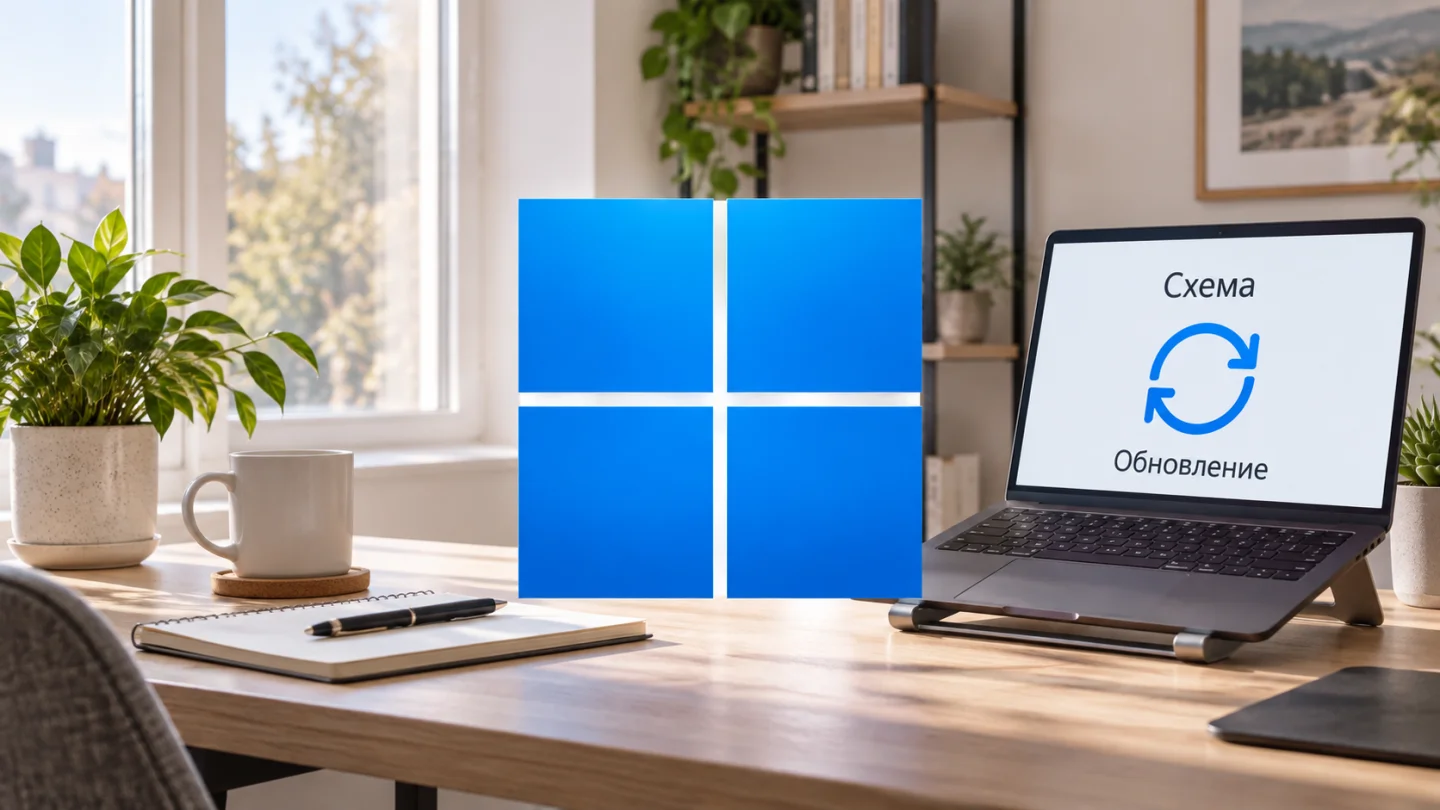 Логотип Windows и схематичное обновление на ноутбуке