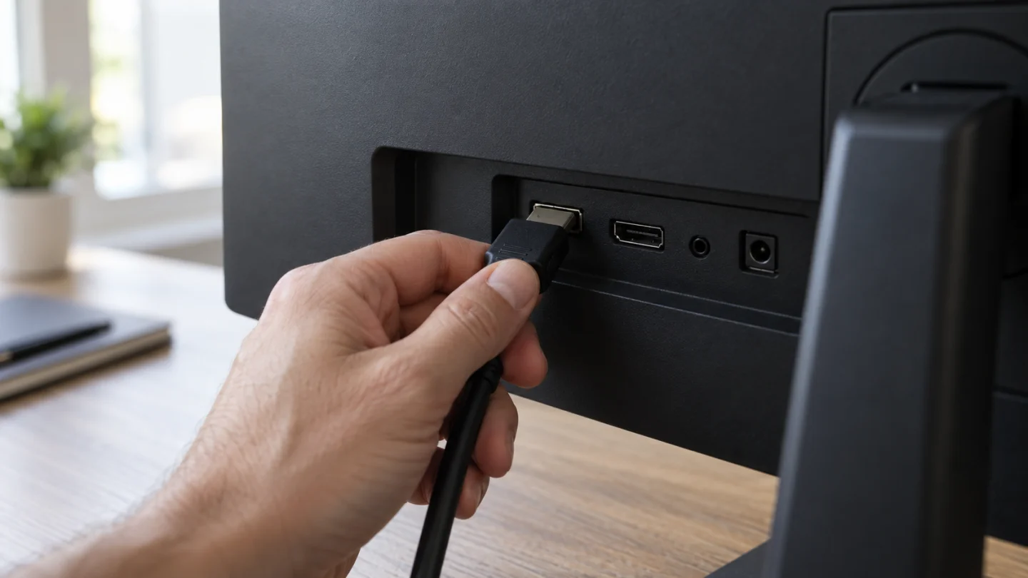 Пользователь проверяет HDMI-подключение монитора