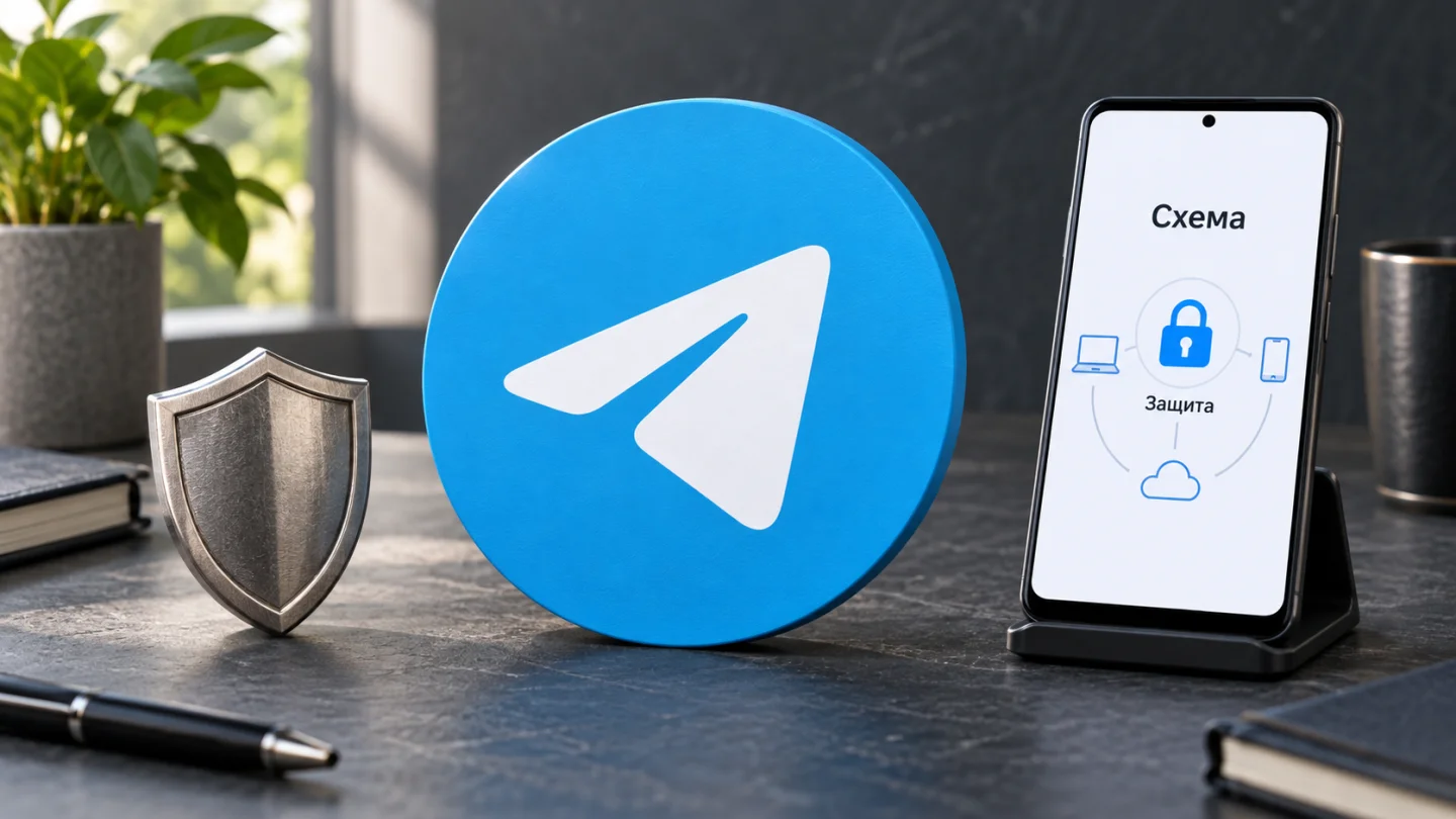 Логотип Telegram, защитный знак и телефон на столе