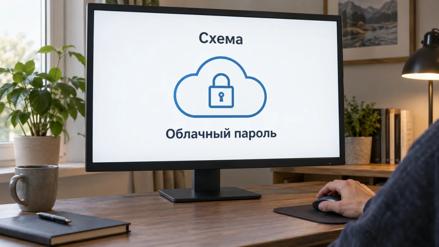 Монитор со схематичным обозначением облачного пароля