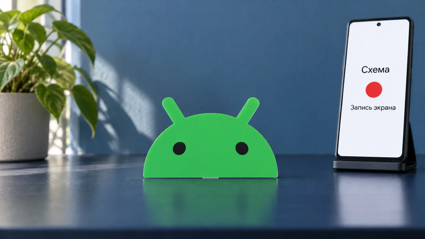 Логотип Android рядом с телефоном с обозначением записи экрана